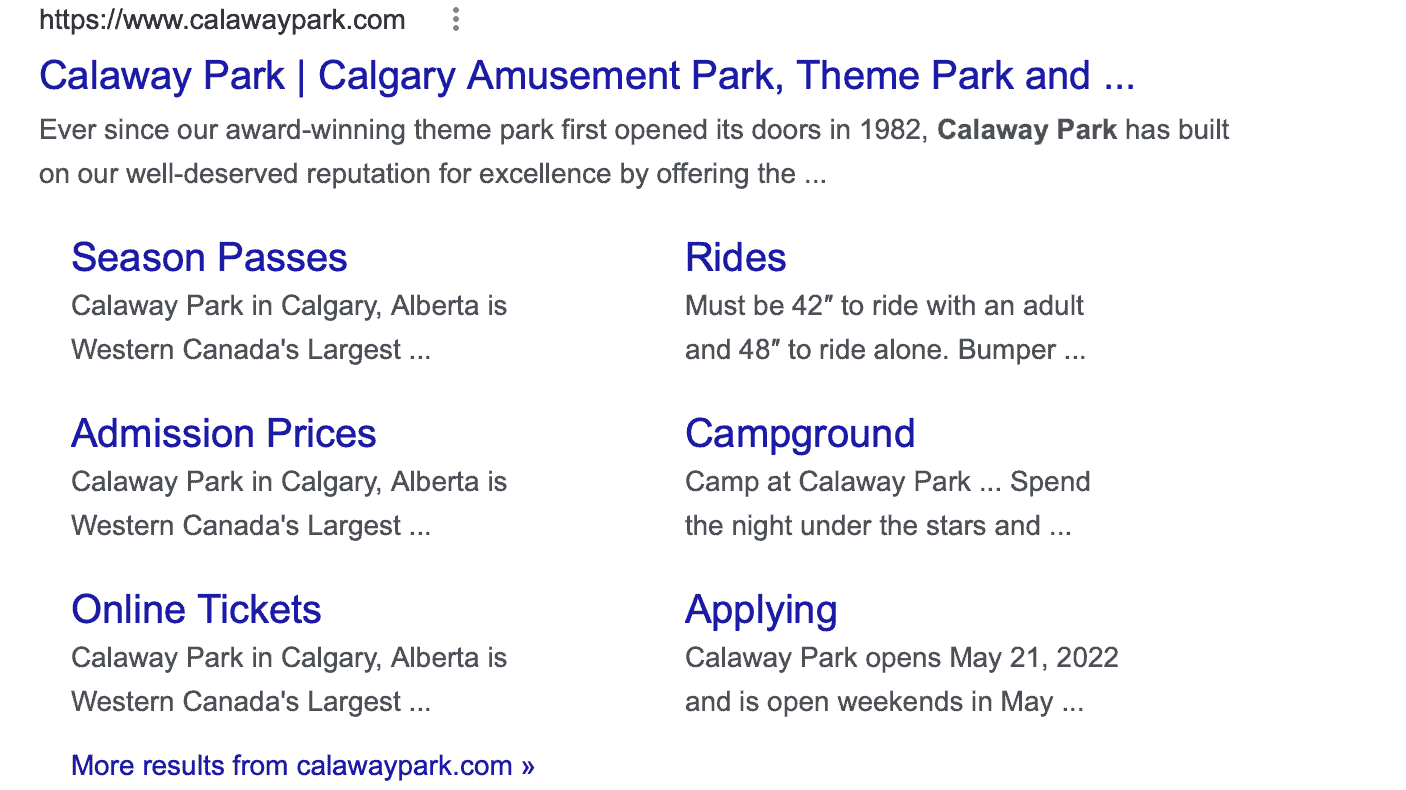 Calaway Park Example displaying search engine result with keywords in the titles and meta descriptions for each page of their website