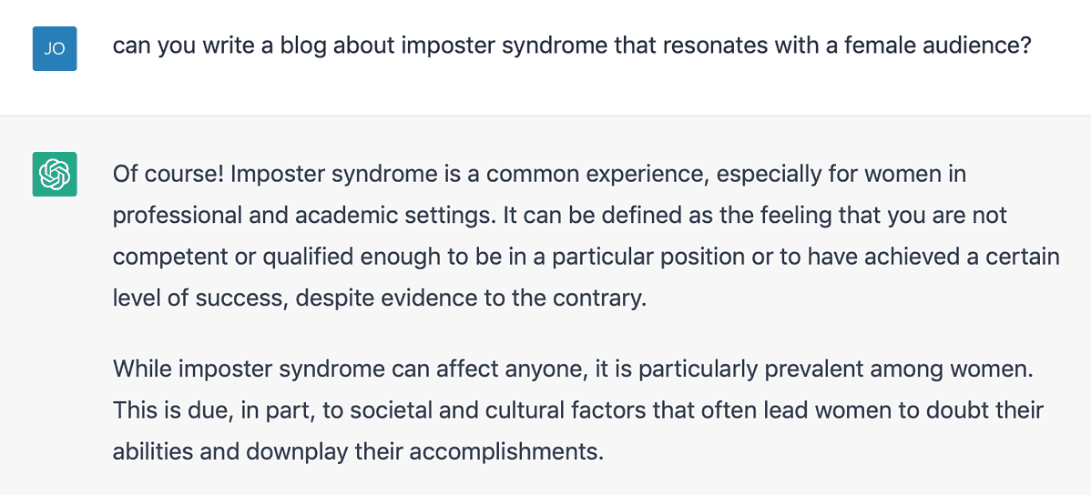 Example of ChatGPT’s response to a query about imposter syndrome