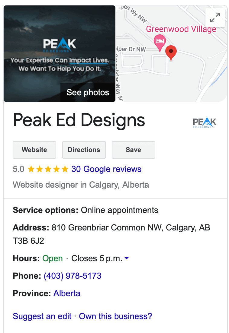 Peak Ed Designs' Google Business Profile listing helps with SEO Optimization